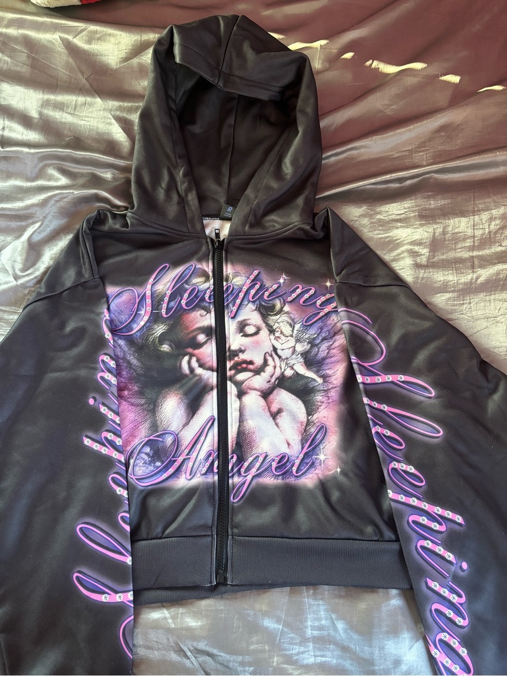 Romwe black Hoodie Jacket with Pink & Purple Graphic